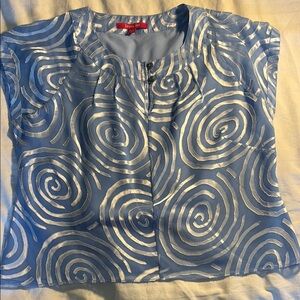 Jacques Vert light blue silver swirl pattern sheer lined cap sleeve blouse EUC